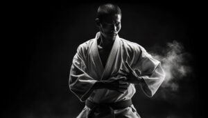 Black belt athlete practicing jujitsu with determination generated by artificial intelligence
